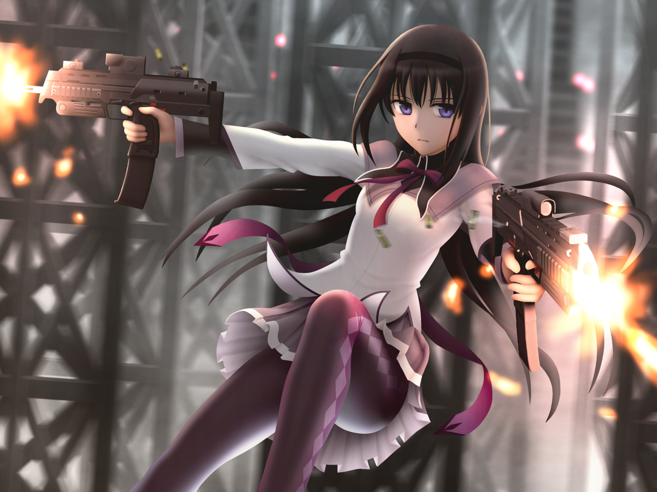 akemi_homura, black_hair, blue_eyes, gun, headband, long_hair, mahou_shoujo_madoka_magica, pantyhose