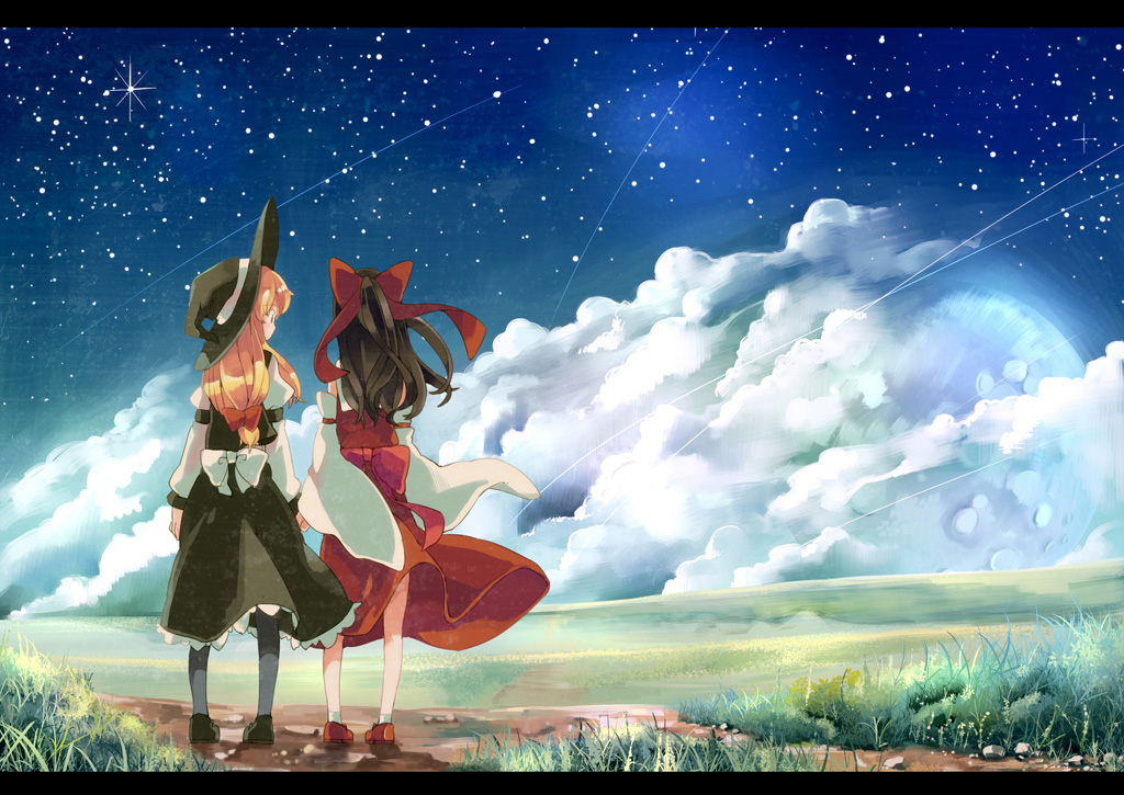 2girls, blonde_hair, bow, brown_hair, clouds, grass, hakurei_reimu, hat, japanese_clothes, kirisame_marisa, long_hair, miko, moon, pantyhose, ribbons, scenic, skirt, sky, socks, stars, touhou, witch, witch_hat, yellow_eyes, yoshinaga_p