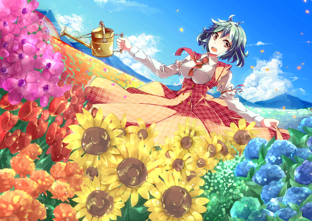 clouds, dress, flowers, green_hair, kazami_yuuka, petals, red_eyes, short_hair