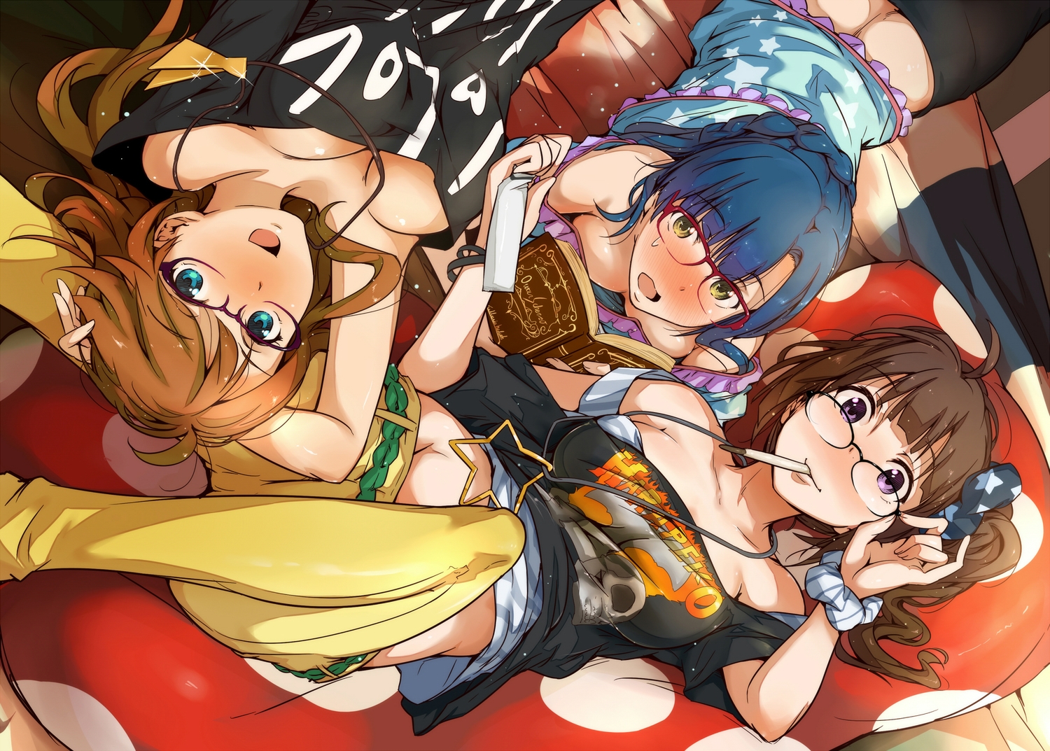 aqua_eyes, blue_hair, blush, book, bow, breasts, brown_hair, cleavage, glasses, idolmaster, idolmaster_million_live!, nanao_yuriko, ponytail, purple_eyes, tokiwa_mmm, tokoro_megumi, wristwear, yellow_eyes, yokoyama_nao