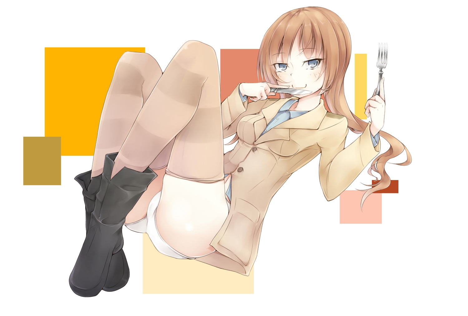 blue_eyes, boots, brown_hair, hatsumi_nekuta, knife, long_hair, navel, panties, patricia_schade, strike_witches, thighhighs, underwear