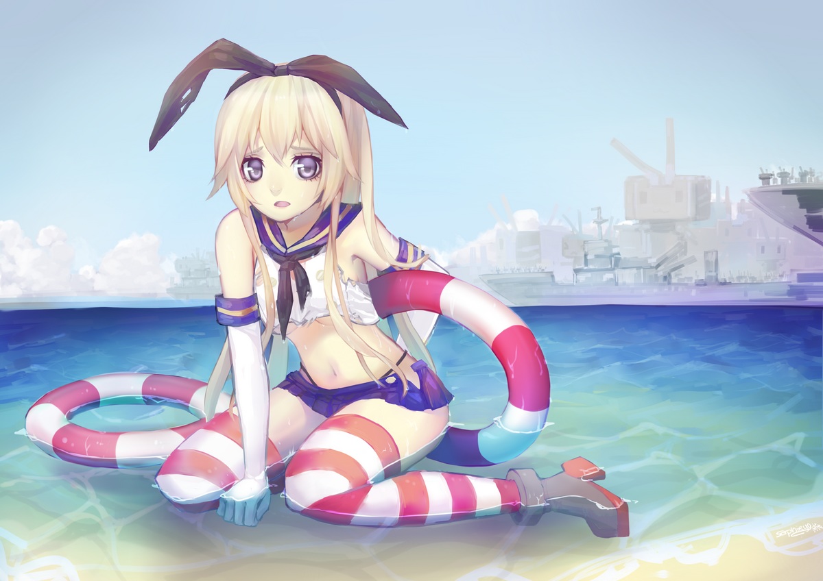 anthropomorphism, blonde_hair, boat, boots, elbow_gloves, gloves, headband, kantai_collection