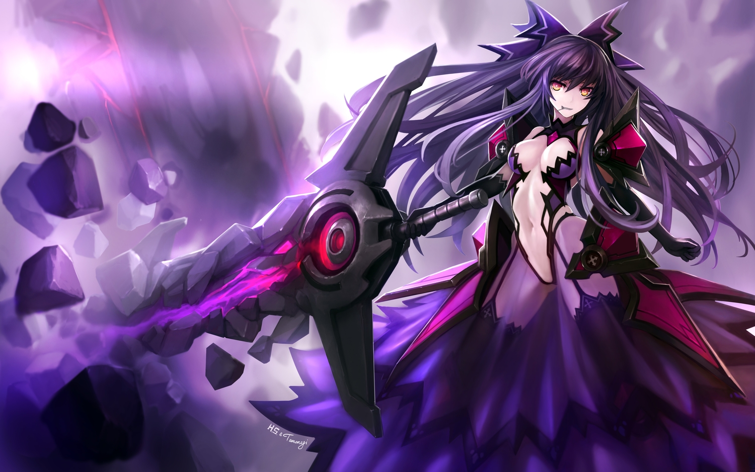 armor, breasts, candy, cleavage, date_a_live, elbow_gloves, gloves, hanshu, lollipop, long_hair, navel, purple_hair, red_eyes, sword, thighhighs, weapon, yatogami_tohka
