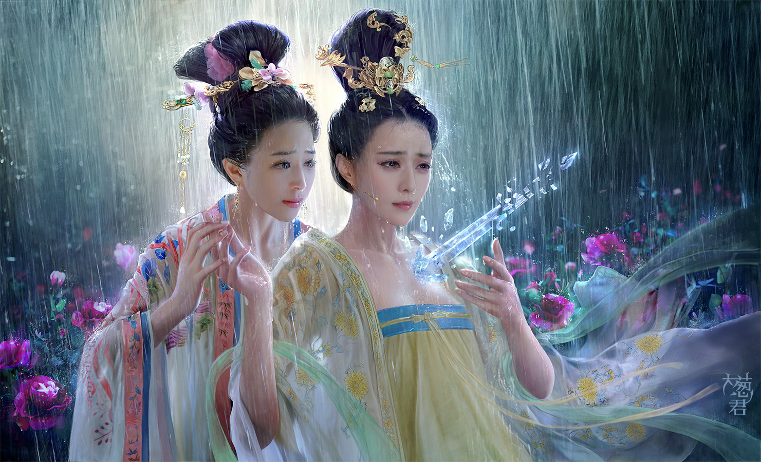 2girls, black_eyes, black_hair, breasts, cleavage, fan_bingbing, flowers, hao6578300, headdress, japanese_clothes, original, rain, realistic, water, wet
