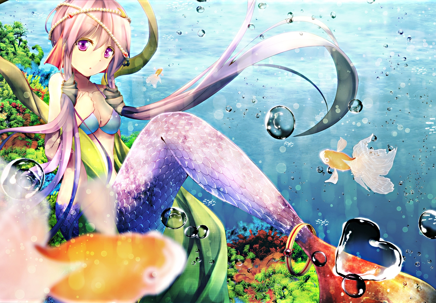 animal, bikini_top, breasts, bubbles, cleavage, fish, kagayan1096, long_hair, mermaid, purple_eyes, purple_hair, twintails, underwater, vocaloid, voiceroid, water, yuzuki_yukari