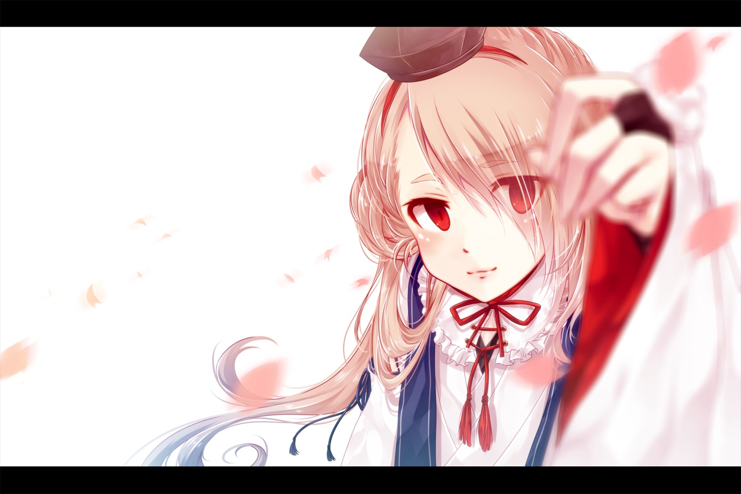 all_male, anthropomorphism, hat, ima-no-tsurugi, long_hair, male, mokoppe, petals, pink_hair, red_eyes, touken_ranbu, white