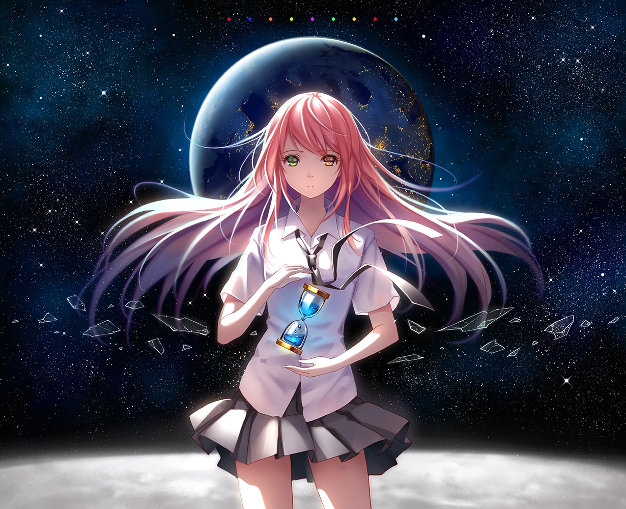 bicolored_eyes, long_hair, niya, original, pink_hair, planet, school_uniform, shirt