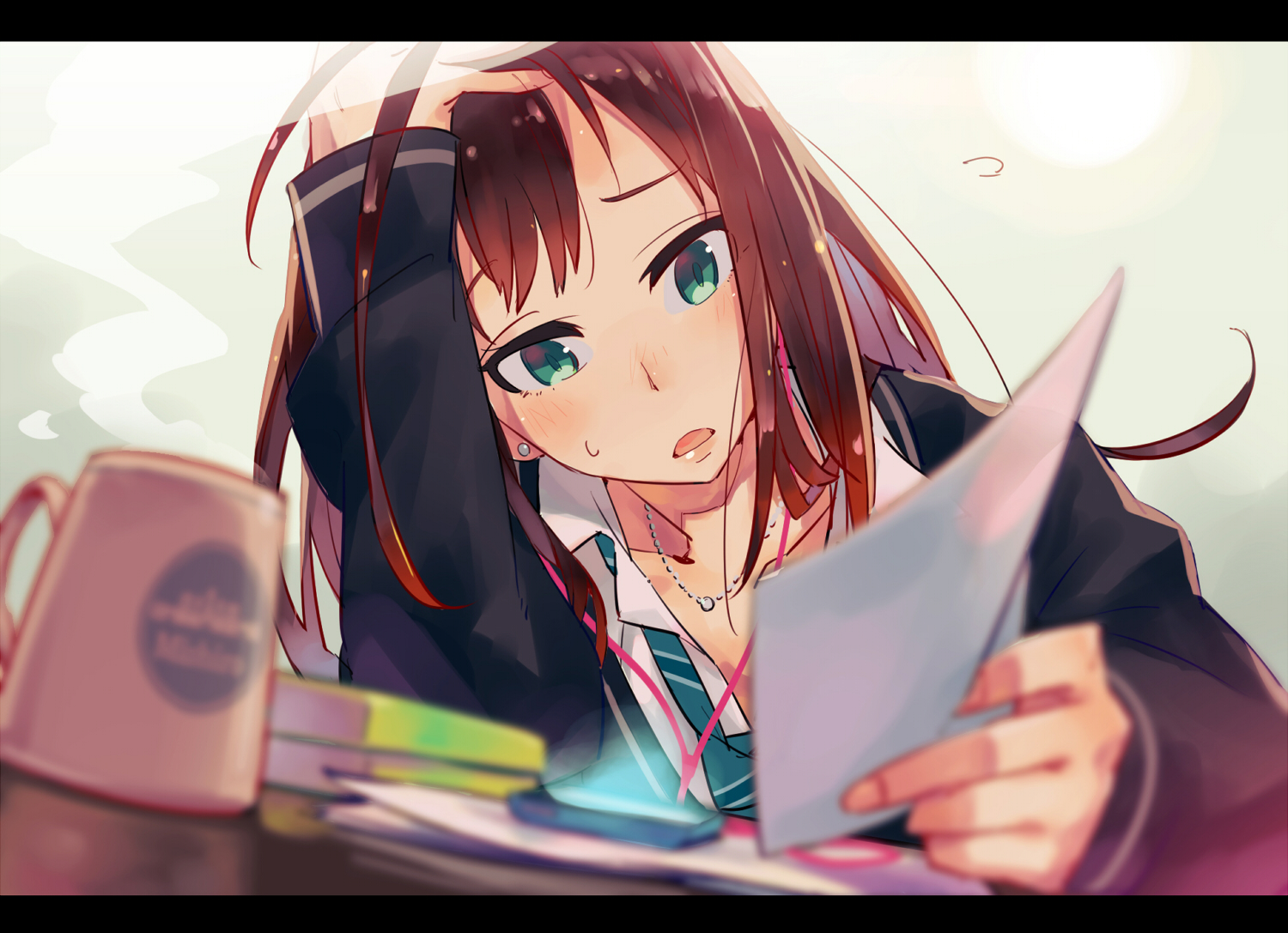 blush, brown_hair, drink, green_eyes, idolmaster, idolmaster_cinderella_girls, long_hair, monq, necklace, paper, shibuya_rin