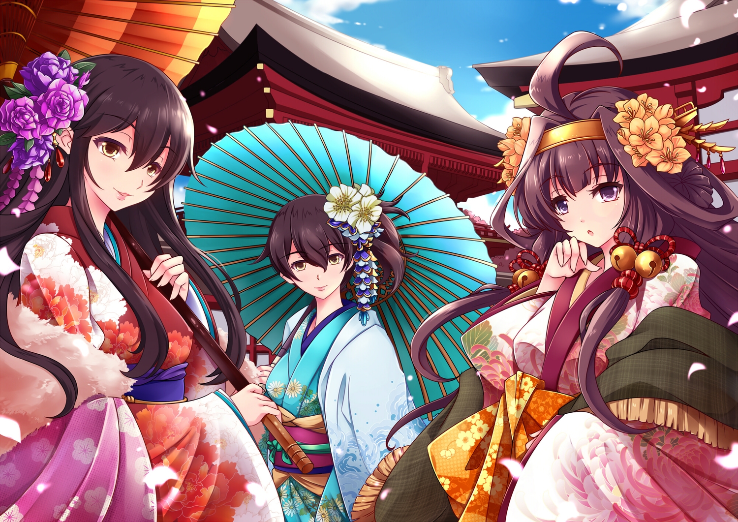 aata1007, akagi_(kancolle), anthropomorphism, bell, black_eyes, black_hair, bow, brown_eyes, brown_hair, clouds, flowers, headband, japanese_clothes, kaga_(kancolle), kantai_collection, kongou_(kancolle), long_hair, petals, short_hair, sky, umbrella, yukata