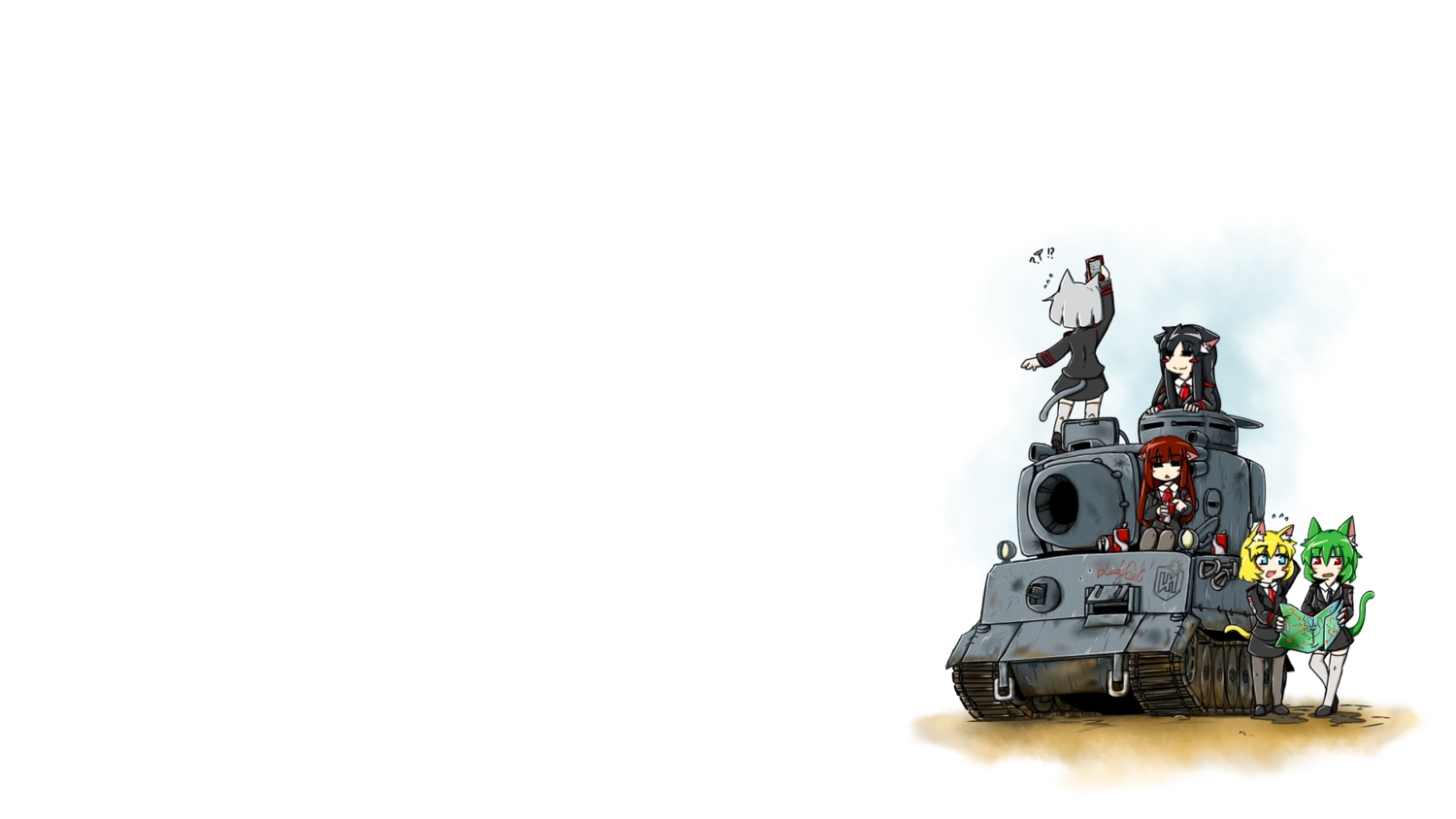 animal_ears, black_hair, blonde_hair, bloodycat, brown_hair, catgirl, gray_hair, green_hair, long_hair, red_eyes, short_hair, tail, thighhighs, white, world_of_tanks