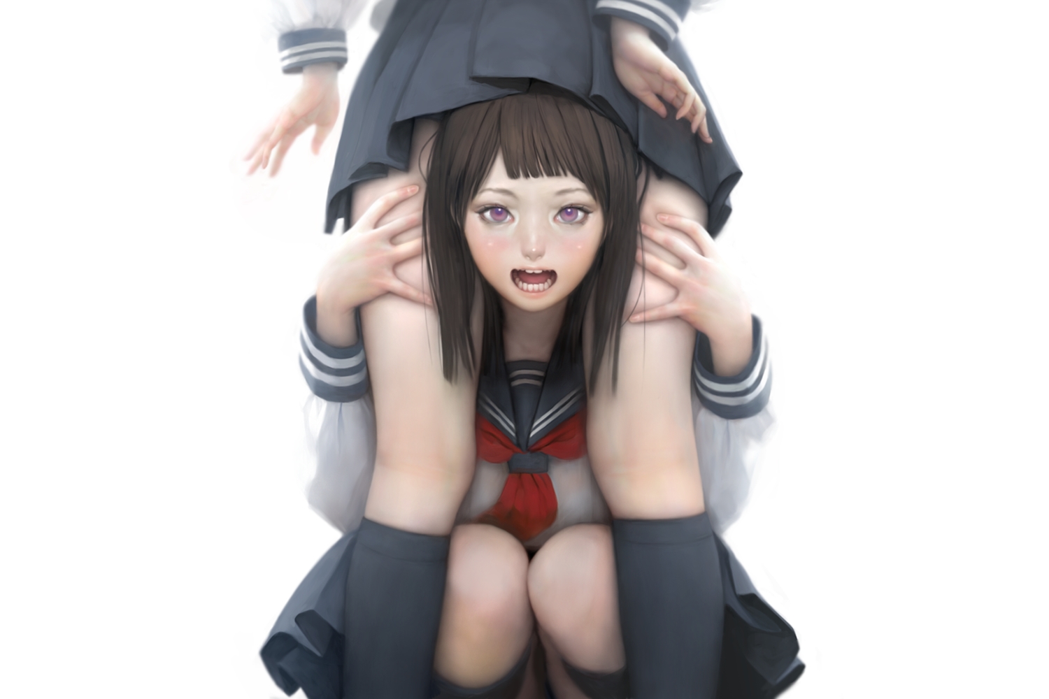 2girls, black_hair, kneehighs, mujiha_(mlog), original, pink_eyes, school_uniform, skirt, white
