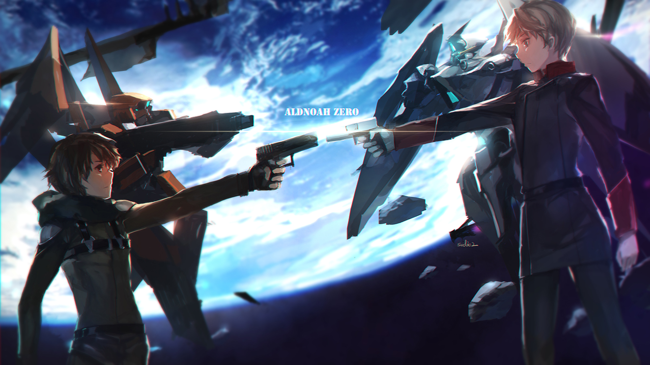 aldnoah.zero, all_male, brown_hair, earth, gun, kaizuka_inaho, male, mecha