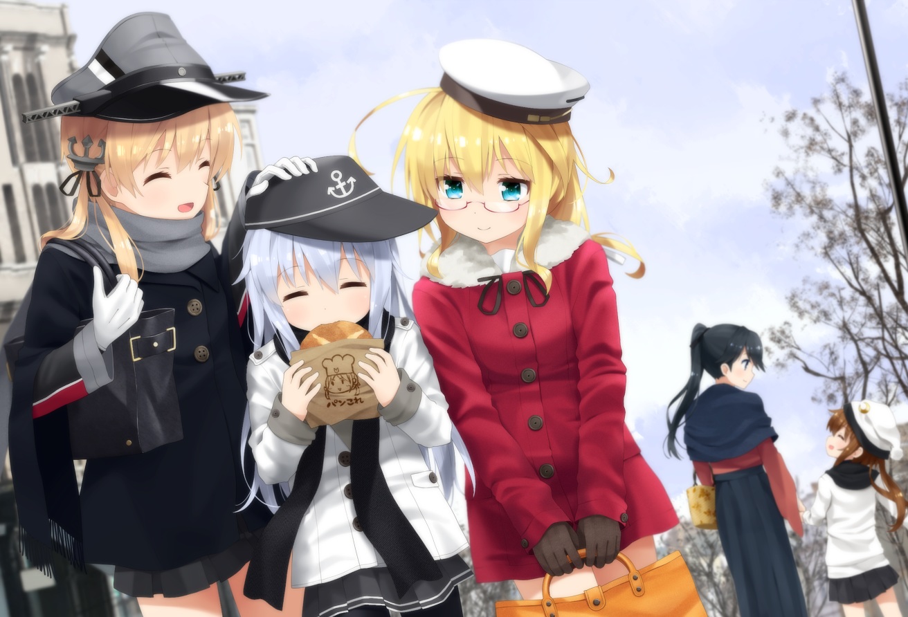 anthropomorphism, aqua_eyes, blonde_hair, food, fumizuki_(kancolle), glasses, gloves, group