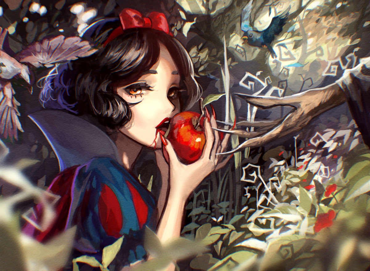 apple, black_hair, bow, brown_eyes, food, fruit, headband, pine_(yellowpine112), short_hair, snow_white, snow_white_and_the_seven_dwarfs