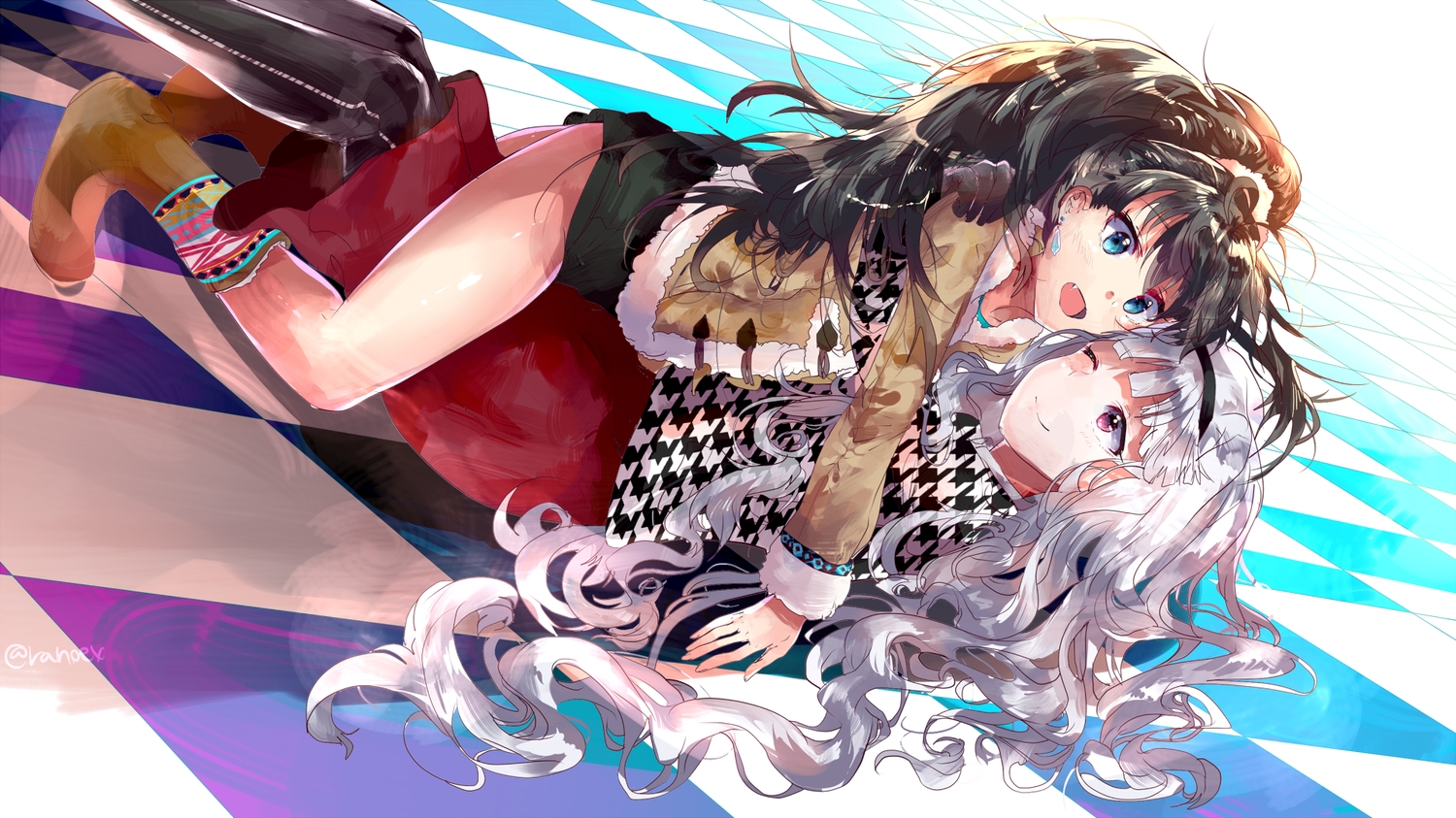 2girls, black_hair, fang, ganaha_hibiki, headband, hoshika_ranoe, hug, idolmaster, long_hair, shishidou_takane, signed, white_hair, wink