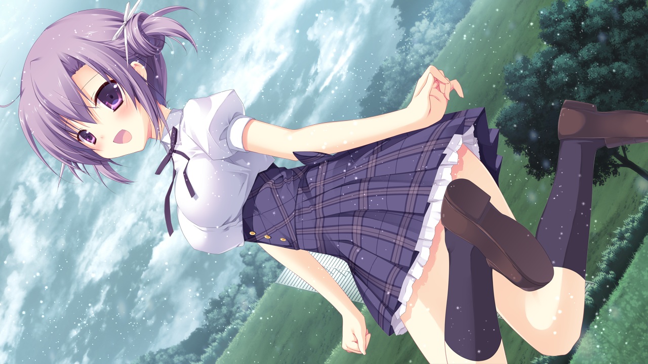 clouds, fuyutsuki_kona, game_cg, izayoi_no_fortuna, miyasaka_miyu, purple_eyes, purple_hair, short_hair