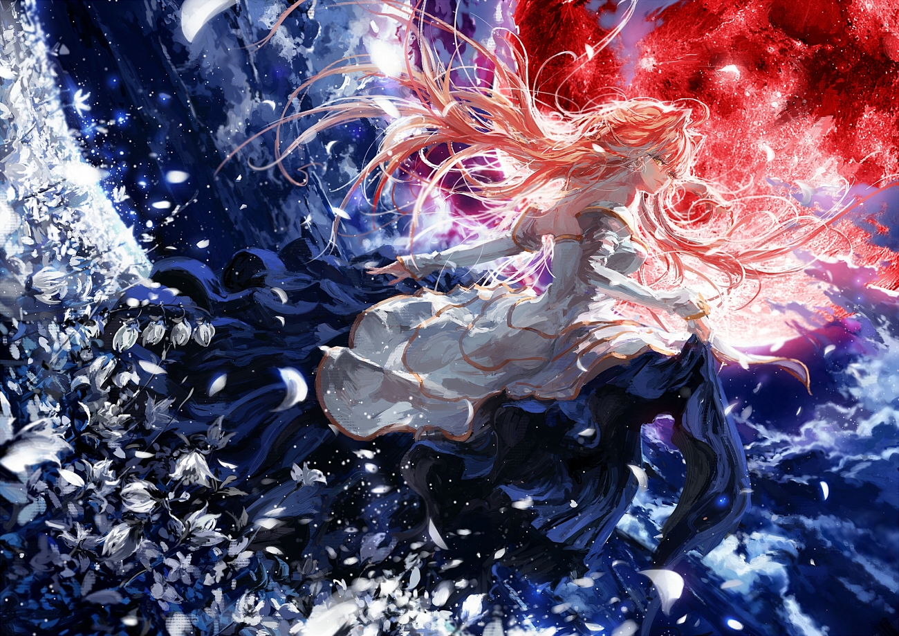 arcueid_brunestud, blonde_hair, dress, flowers, long_hair, petals, shingetsutan_tsukihime, stu_dts