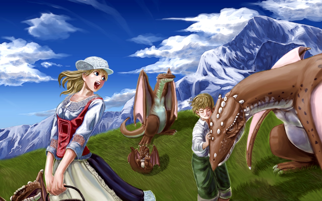 abazu-red, blonde_hair, blue_eyes, clouds, dragon, dress, grass, hat