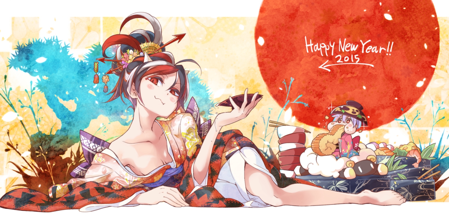 2girls, animal, barefoot, breasts, cat_smile, cleavage, hokuto_(scichil), horns, japanese_clothes, kijin_seija, kimono, purple_hair, red_eyes, sheep, sukuna_shinmyoumaru, touhou