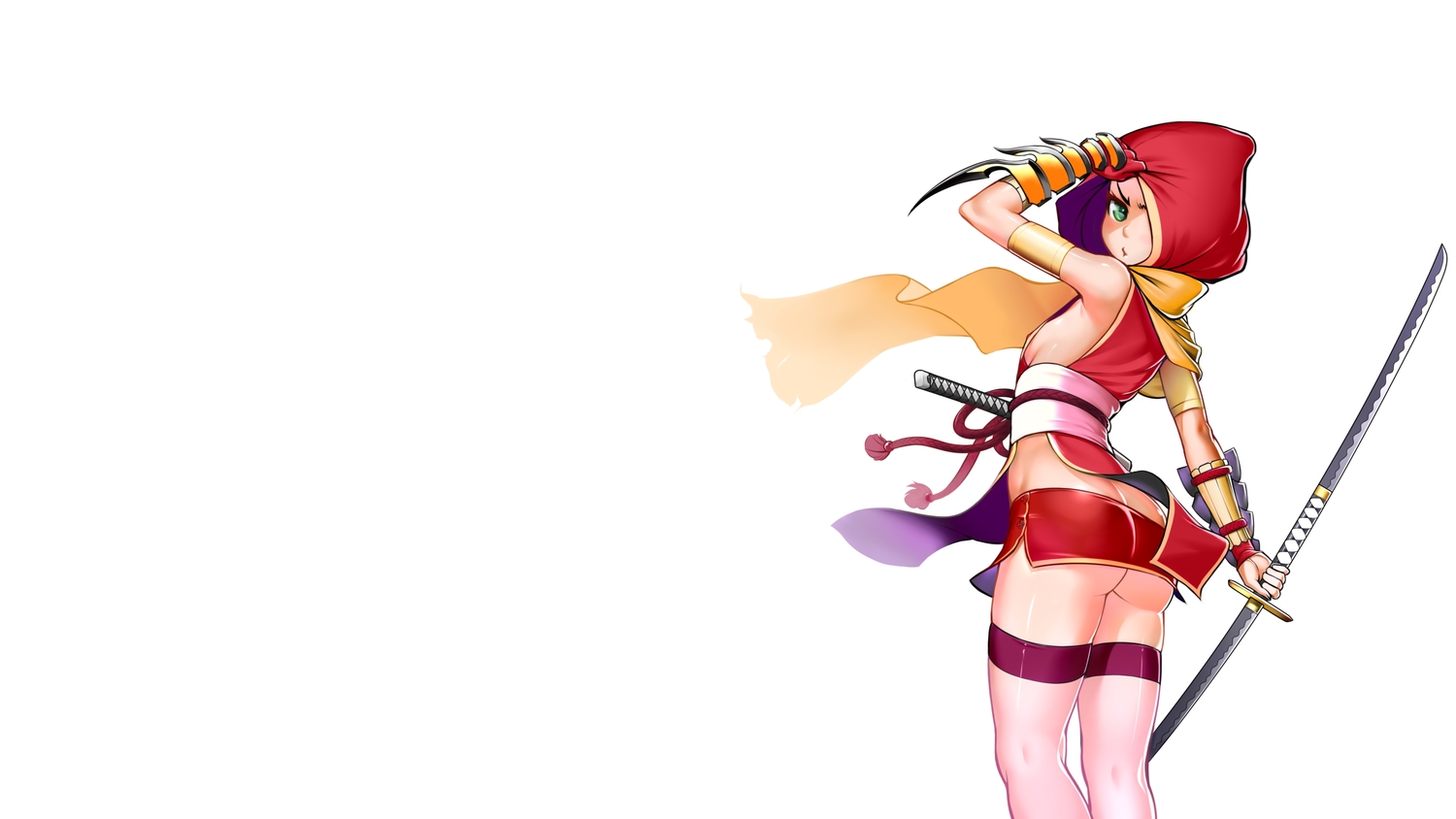 ass, breasts, elbow_gloves, gloves, green_eyes, japanese_clothes, katana, lucknight, ninja, original, sideboob, sword, thighhighs, weapon, white