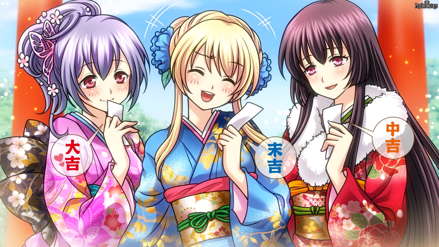 blonde_hair, blush, japanese_clothes, kimono, logo, long_hair, pink_hair, ponytail