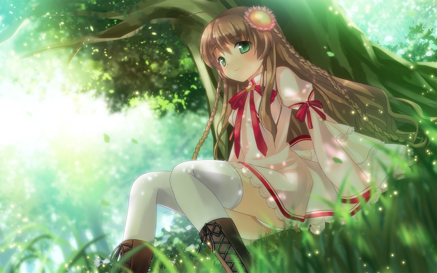 boots, brown_hair, dress, forest, green_eyes, kanbe_kotori, key, long_hair