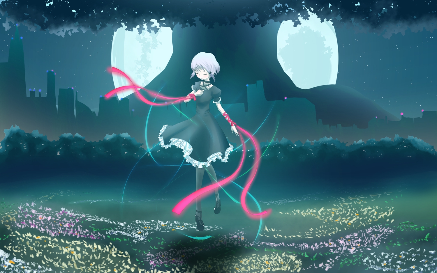 building, city, dress, kagari_(rewrite), key, moon, oookoto, rewrite