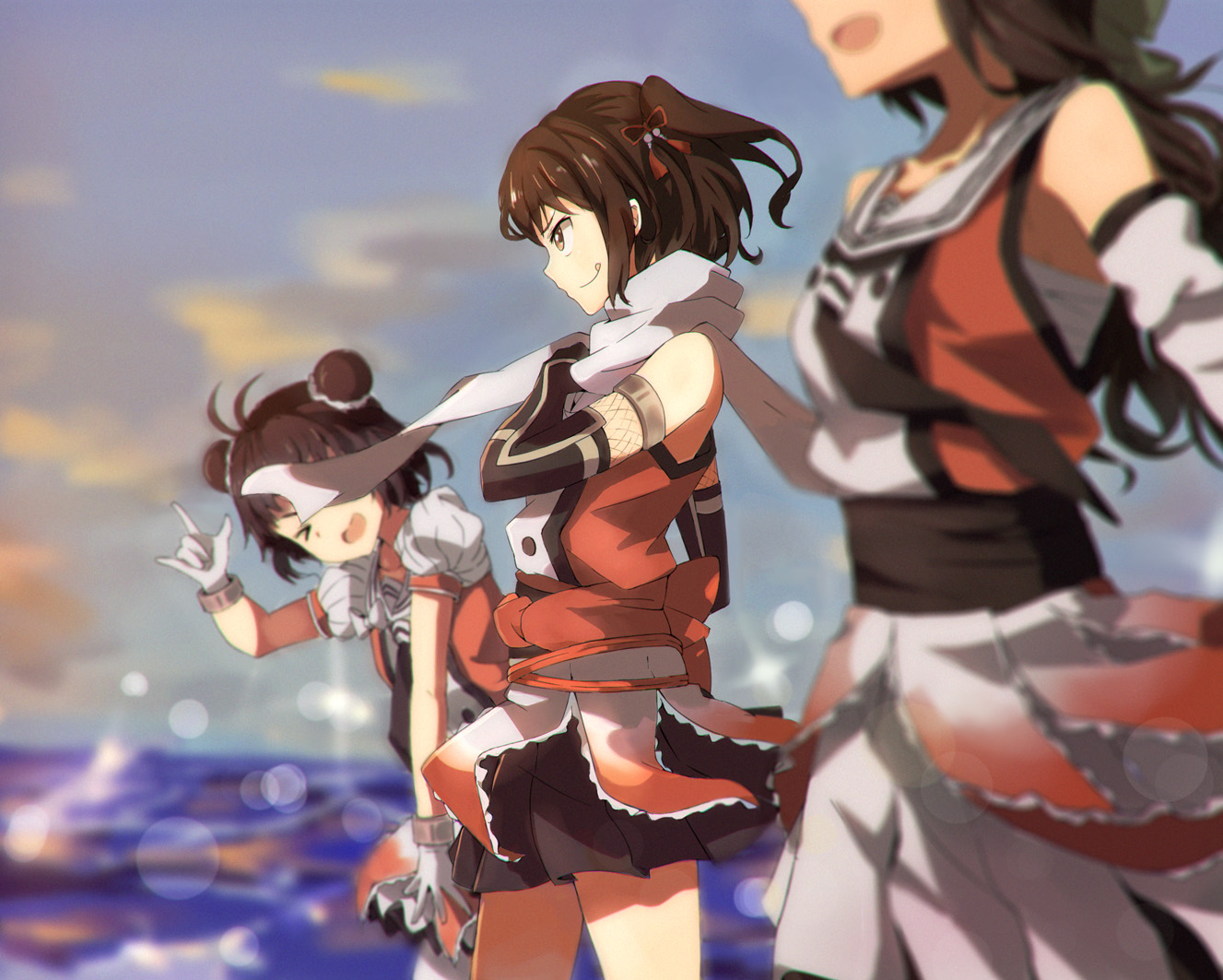 anthropomorphism, brown_eyes, brown_hair, elbow_gloves, gloves, jintsuu_(kancolle), kantai_collection, naka_(kancolle)