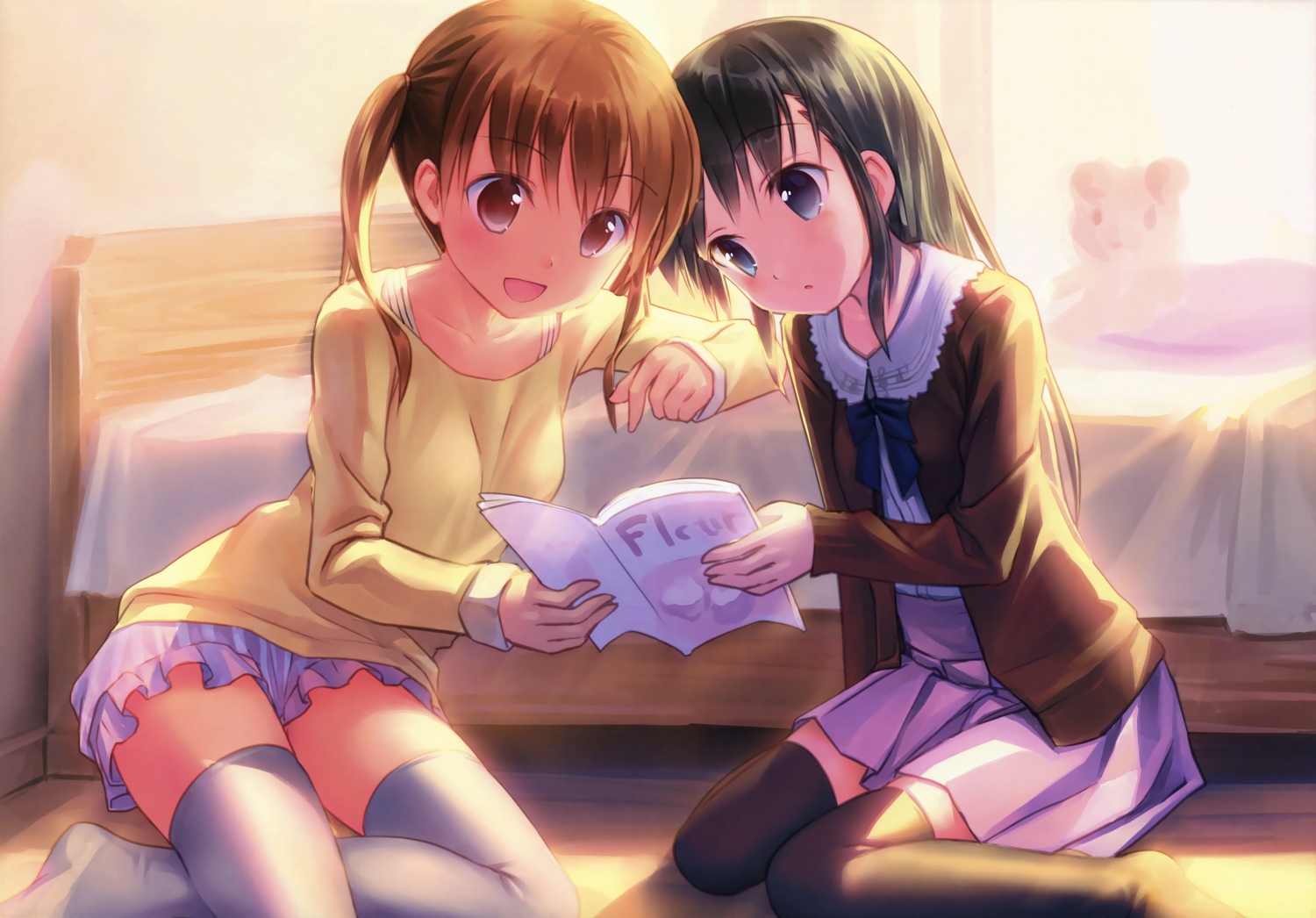 2girls, black_hair, book, brown_hair, kogemashita, original, scan, takoyaki_(roast)