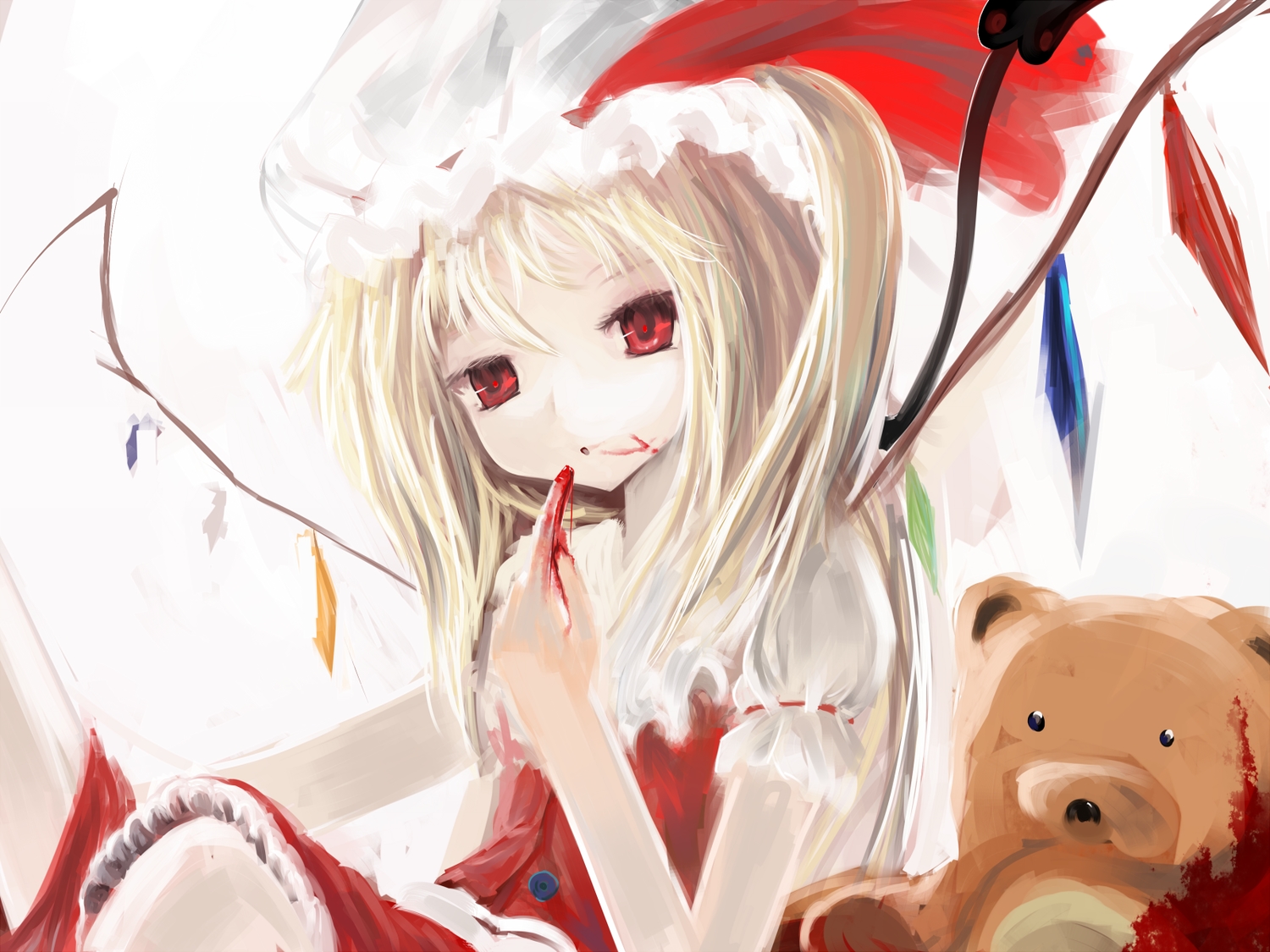 blonde_hair, blood, flandre_scarlet, hat, helrouis, long_hair, red_eyes, teddy_bear