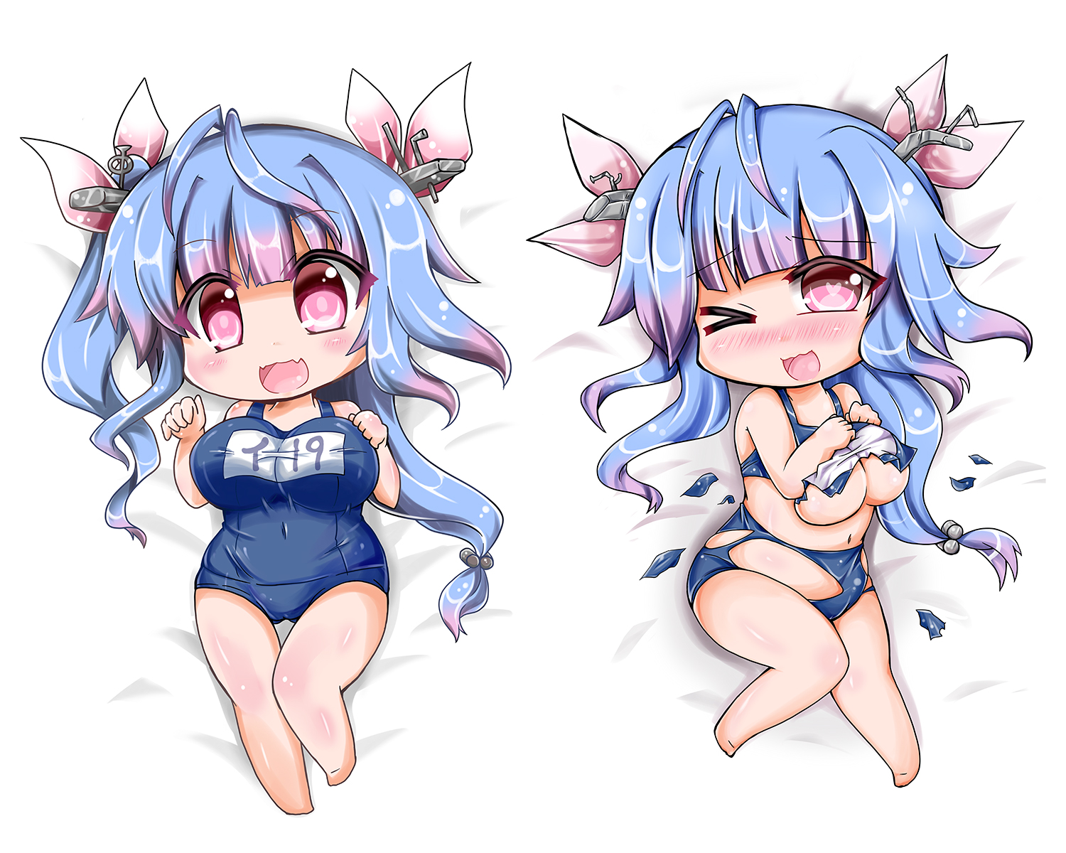anthropomorphism, barefoot, blue_hair, blush, breasts, chibi, i-19_(kancolle), kantai_collection, long_hair, navel, noai_nioshi, red_eyes, skintight, swimsuit, torn_clothes, twintails, underboob, wink