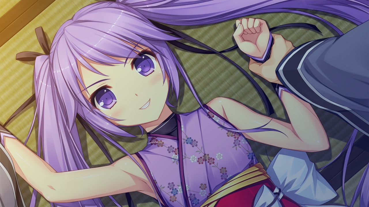 blush, game_cg, japanese_clothes, long_hair, purple_eyes, purple_hair, ribbons, sayori, sengoku_hime, tagme_(character), twintails, wristwear