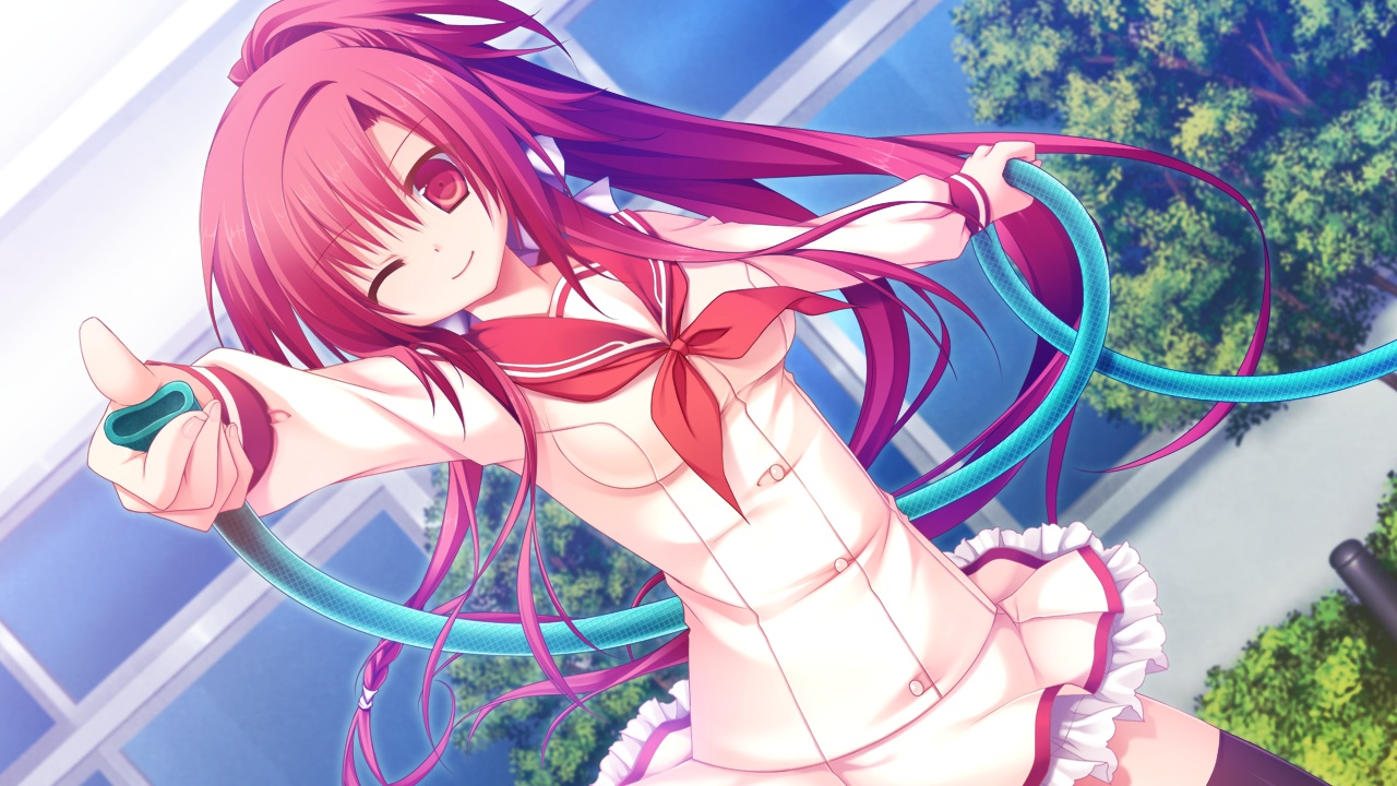 flat, game_cg, hikoukigumo_no_mukougawa, long_hair, mishio_eiri, ponytail, purinko, red_eyes, red_hair, school_uniform, skirt, tree, wink