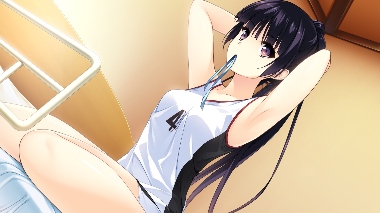 bed, black_hair, game_cg, gym_uniform, habane_kotori, kono_oozora_ni_tsubasa_wo_hirogete, long_hair, ponytail, purple_eyes, yashima_takahiro
