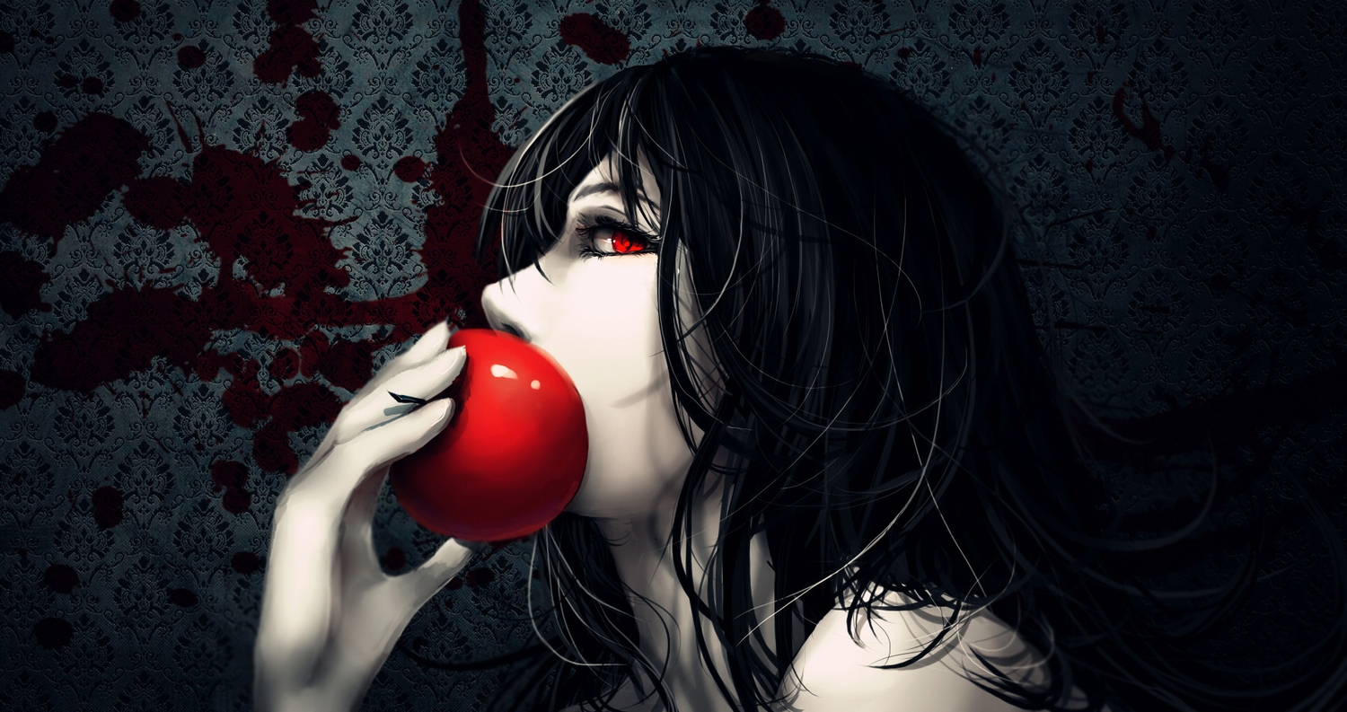 aoiakamaou, apple, black_hair, blood, close, food, fruit, jpeg_artifacts, long_hair, original, red_eyes