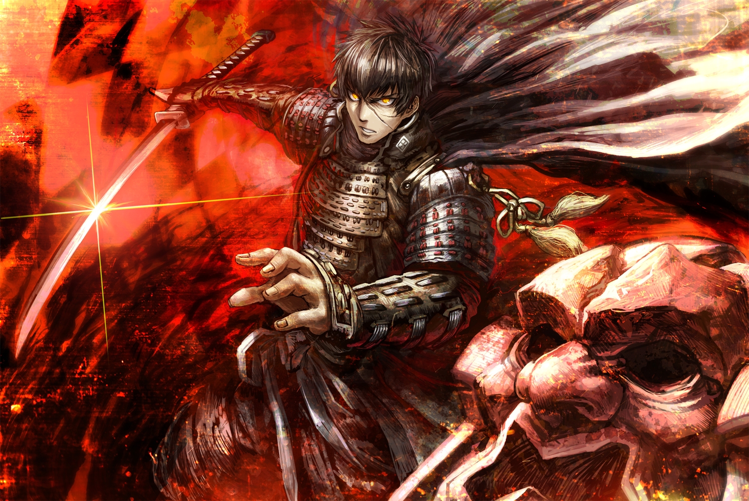 all_male, anthropomorphism, armor, black_hair, cape, doudanuki_masakuni, gibagiba, katana