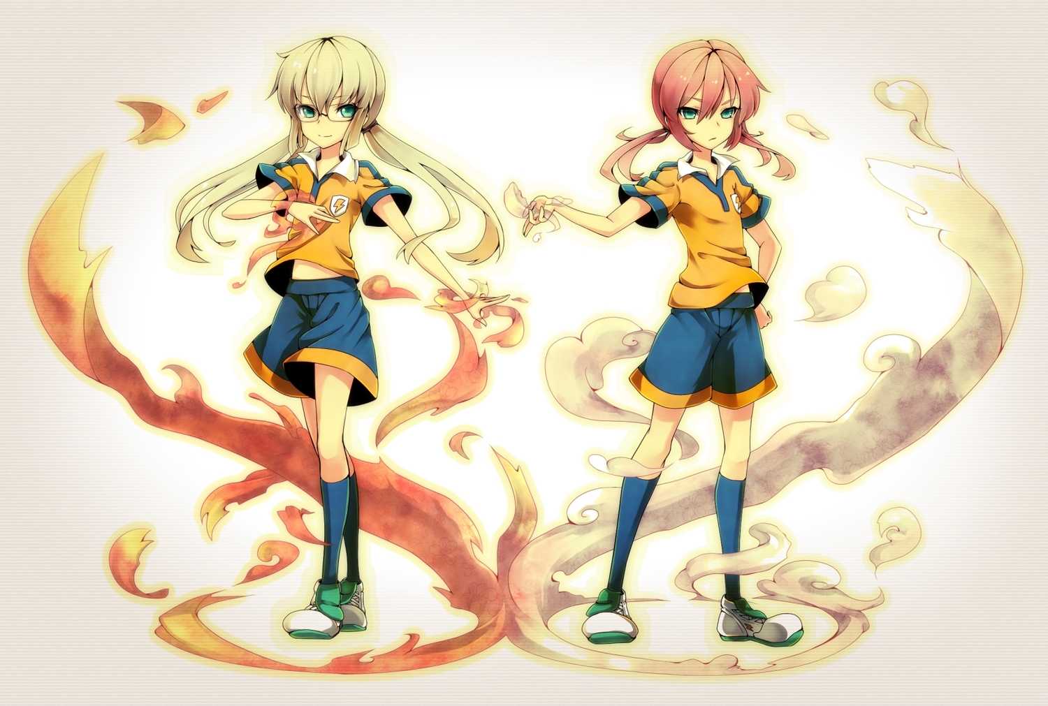 aqua_eyes, blonde_hair, fire, glasses, inazuma_eleven, kirino_ranmaru, kneehighs, long_hair