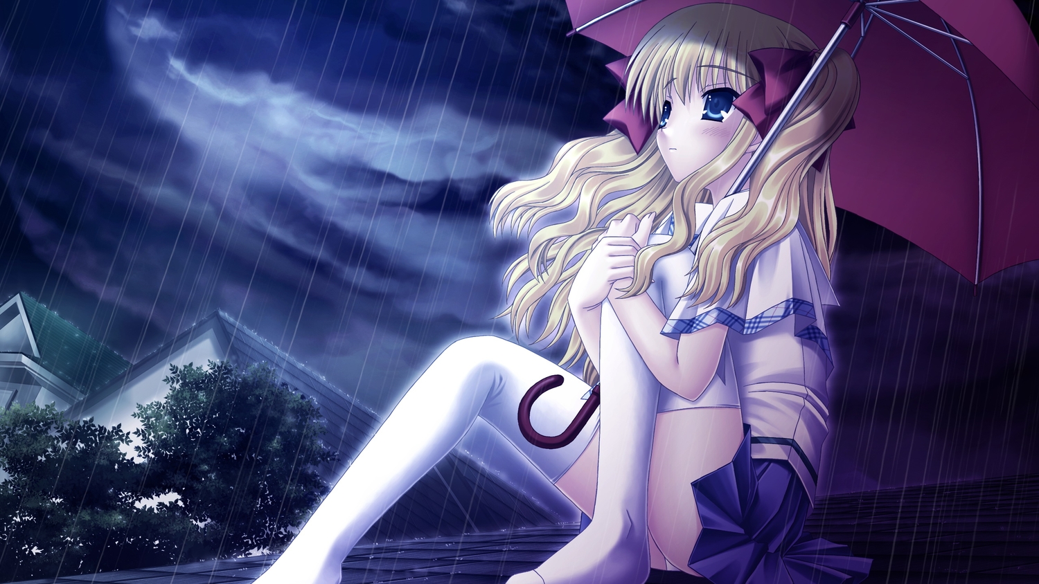 asuka_pyon, blonde_hair, blue_eyes, bow, claire_(sin_kuro), long_hair, panties, rain, school_uniform, sin_kuro_to_kiiro_no_shoujo, skirt, thighhighs, twintails, umbrella, underwear, water