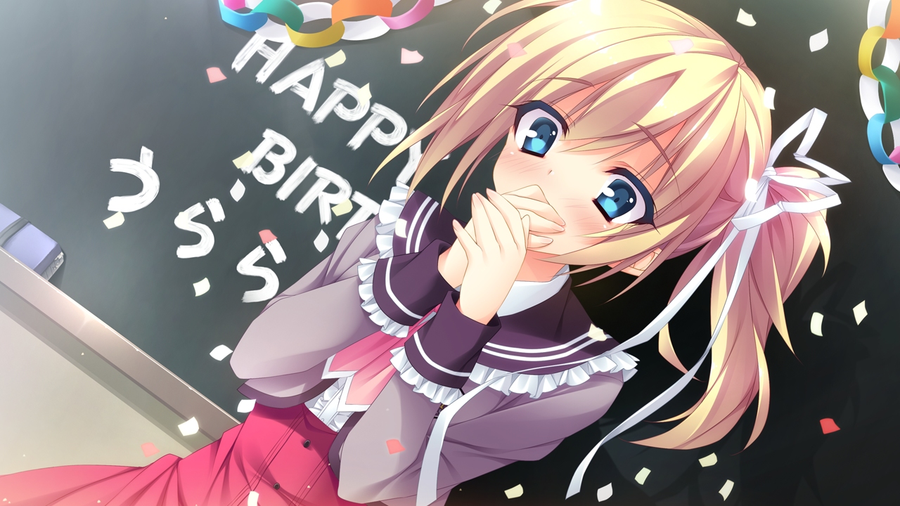 anapom, blonde_hair, blue_eyes, blush, bow, game_cg, ponytail, ribbons