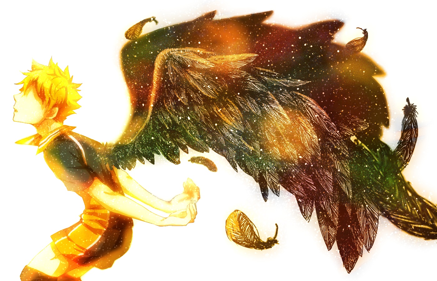 all_male, feathers, haikyuu!!, hinata_shouyou, kiteyune_(mask_of_the_fox), male, orange_hair, short_hair, uniform, wings