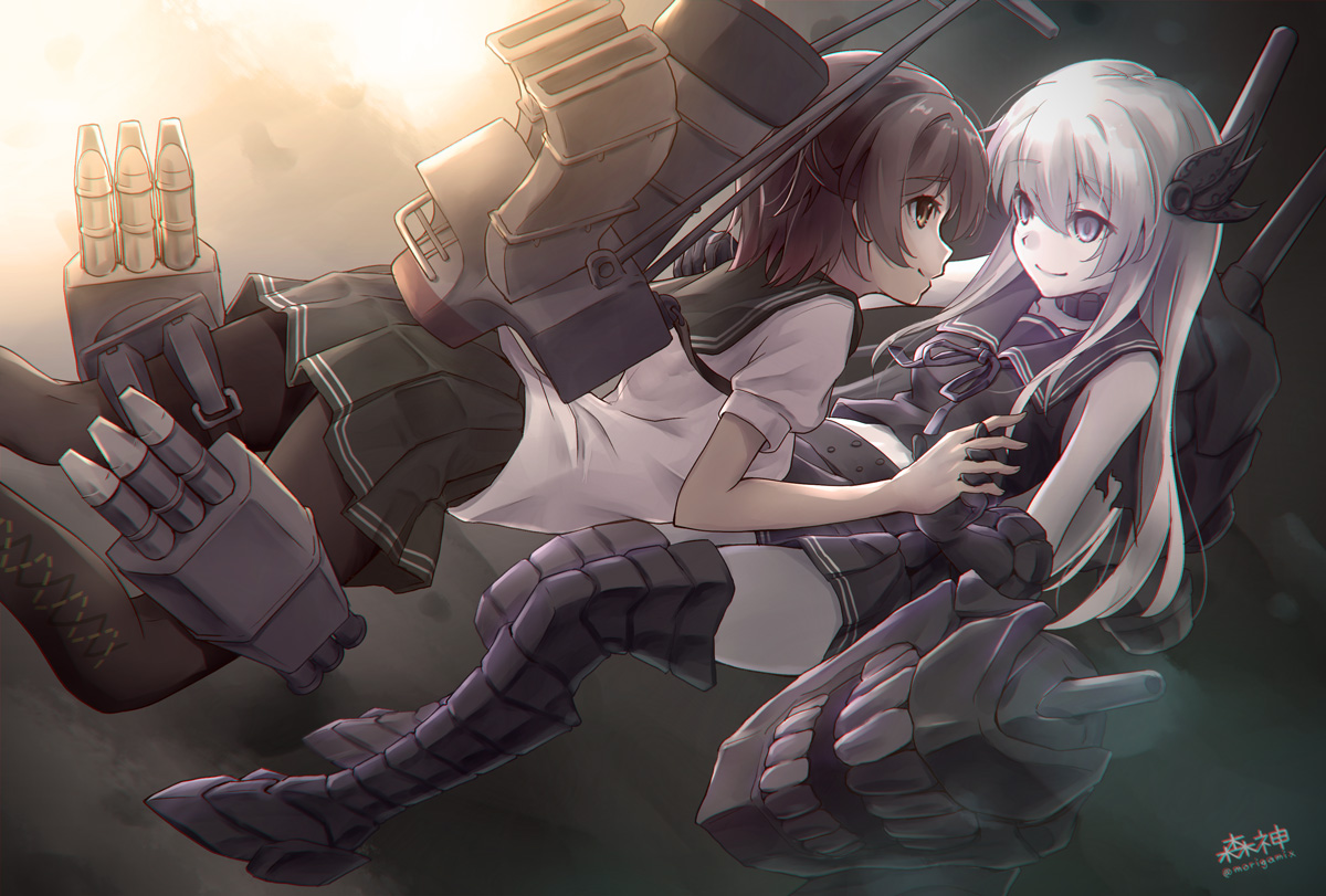 2girls, anthropomorphism, armor, brown_eyes, brown_hair, d-style_wed, gray_eyes, kantai_collection