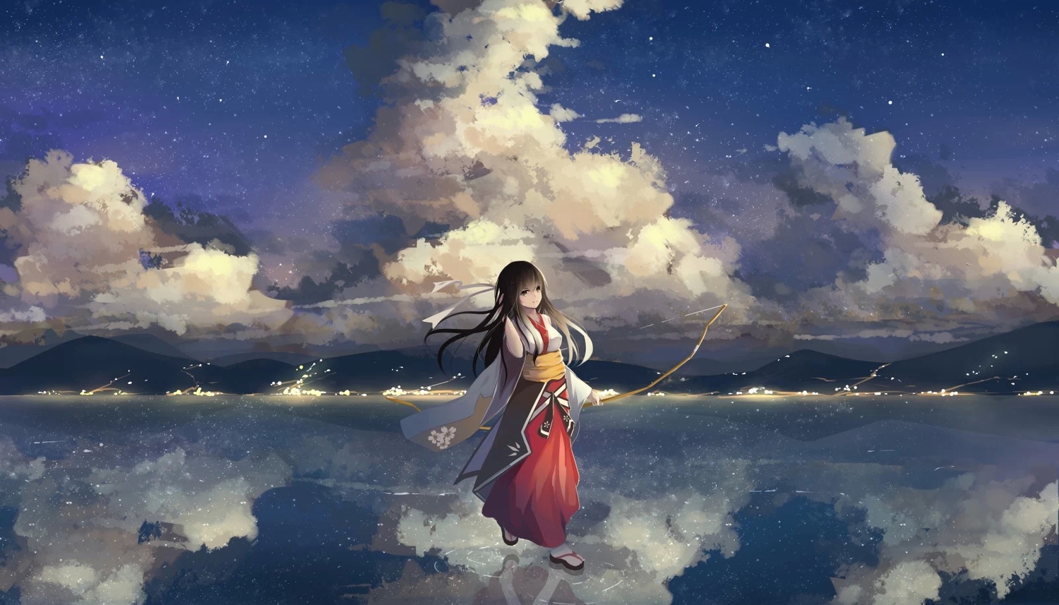 akagi_(zhanjian_shaonu), anthropomorphism, black_eyes, black_hair, bow_(weapon), clouds, japanese_clothes, jpeg_artifacts, kimono, .l.l, long_hair, sky, water, weapon, zhanjian_shaonu