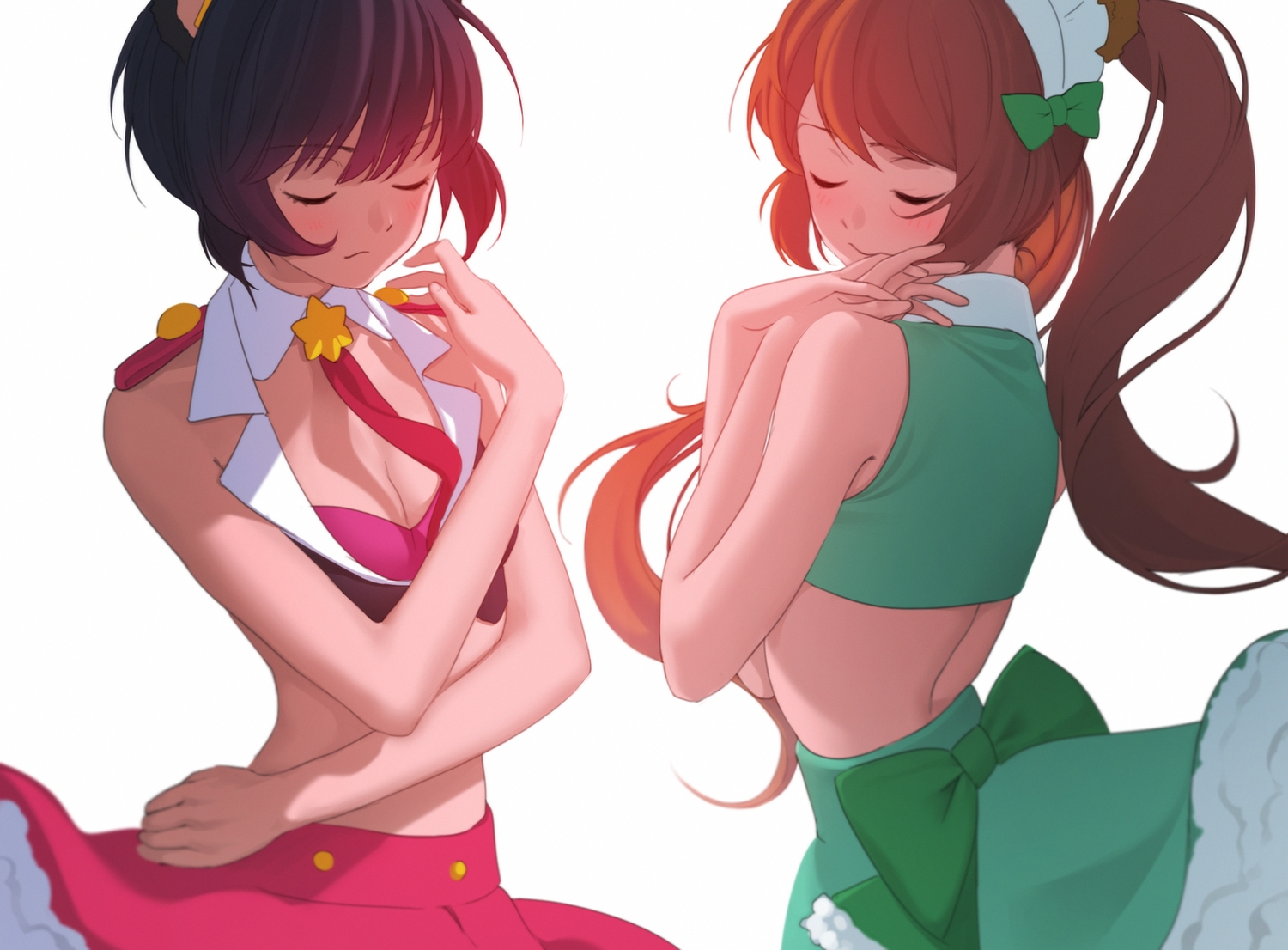 2girls, aconitea, animal_ears, black_hair, blush, bow, brown_hair, headdress, long_hair, short_hair, skirt, tie, twintails, yurigasaki_ruru, yuri_kuma_arashi, yurishiro_ginko