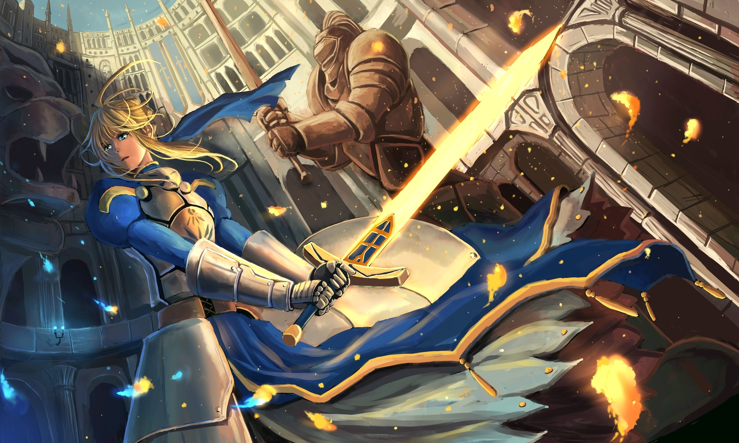 armor, artoria_pendragon_(all), blonde_hair, blue_eyes, dress, fate_(series), fate/stay_night, saber