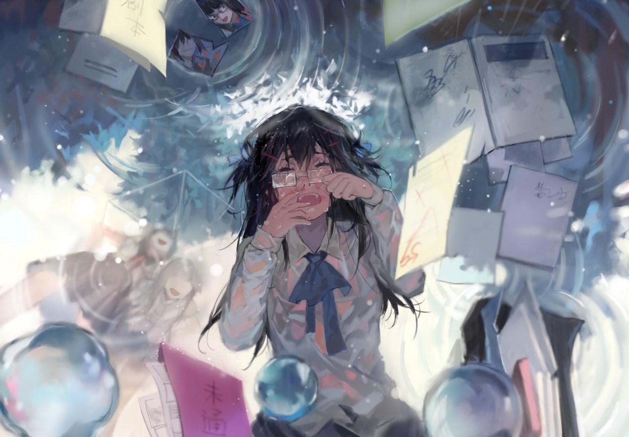black_hair, book, crying, glasses, long_hair, original, school_uniform, tang_elen