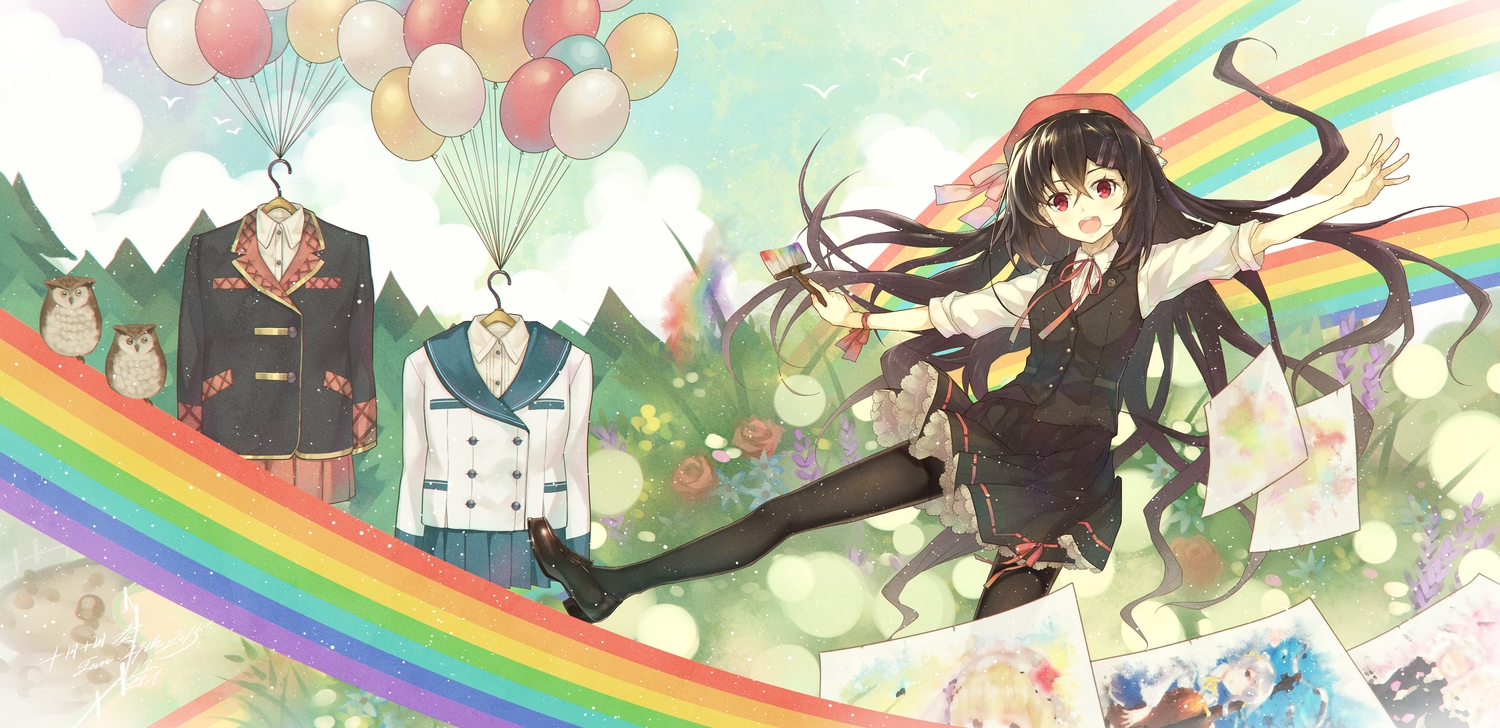 animal, bird, black_hair, hat, jugatsu_junichi, long_hair, original, owl, pantyhose, paper, rainbow, red_eyes, skirt