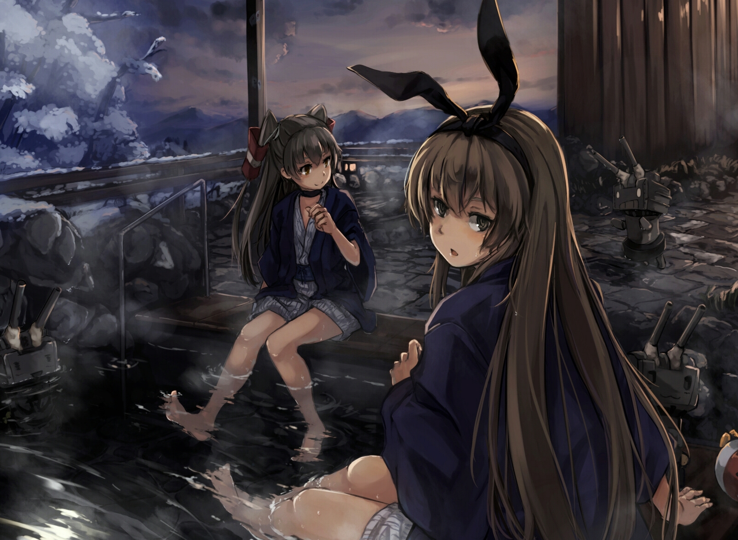 2girls, amatsukaze_(kancolle), anthropomorphism, barefoot, blonde_hair, choker, gray_hair, japanese_clothes