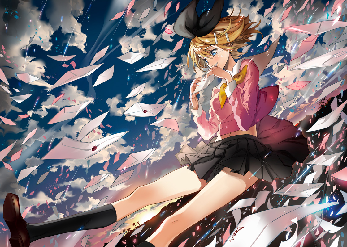 blonde_hair, blue_eyes, clouds, kagamine_rin, kneehighs, paper, short_hair, skirt, tears, tibino, vocaloid
