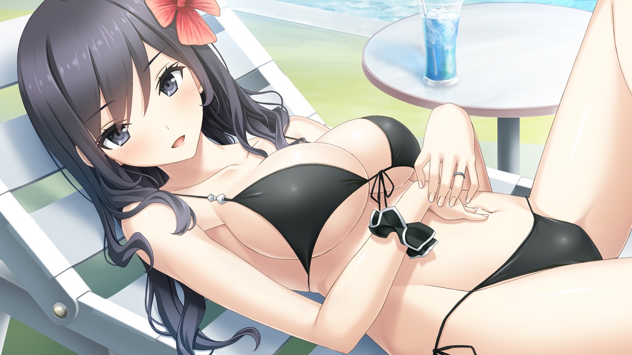 bikini, black_hair, game_cg, haru_kiss, hyoudou_amane, mikoto_akemi, swimsuit