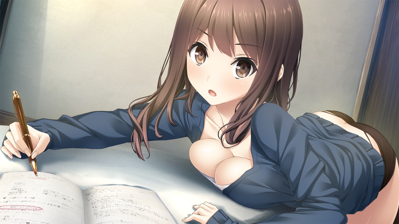 breasts, brown_eyes, brown_hair, cleavage, game_cg, haru_kiss, long_hair, mikoto_akemi, shiraishi_aoi